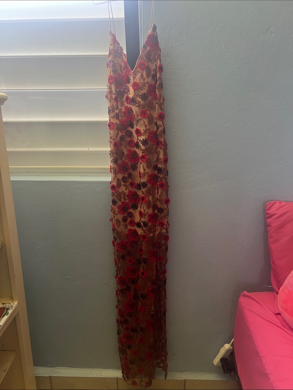 Sheer Floral Embroidered Maxi Slip Dress - Red Floral